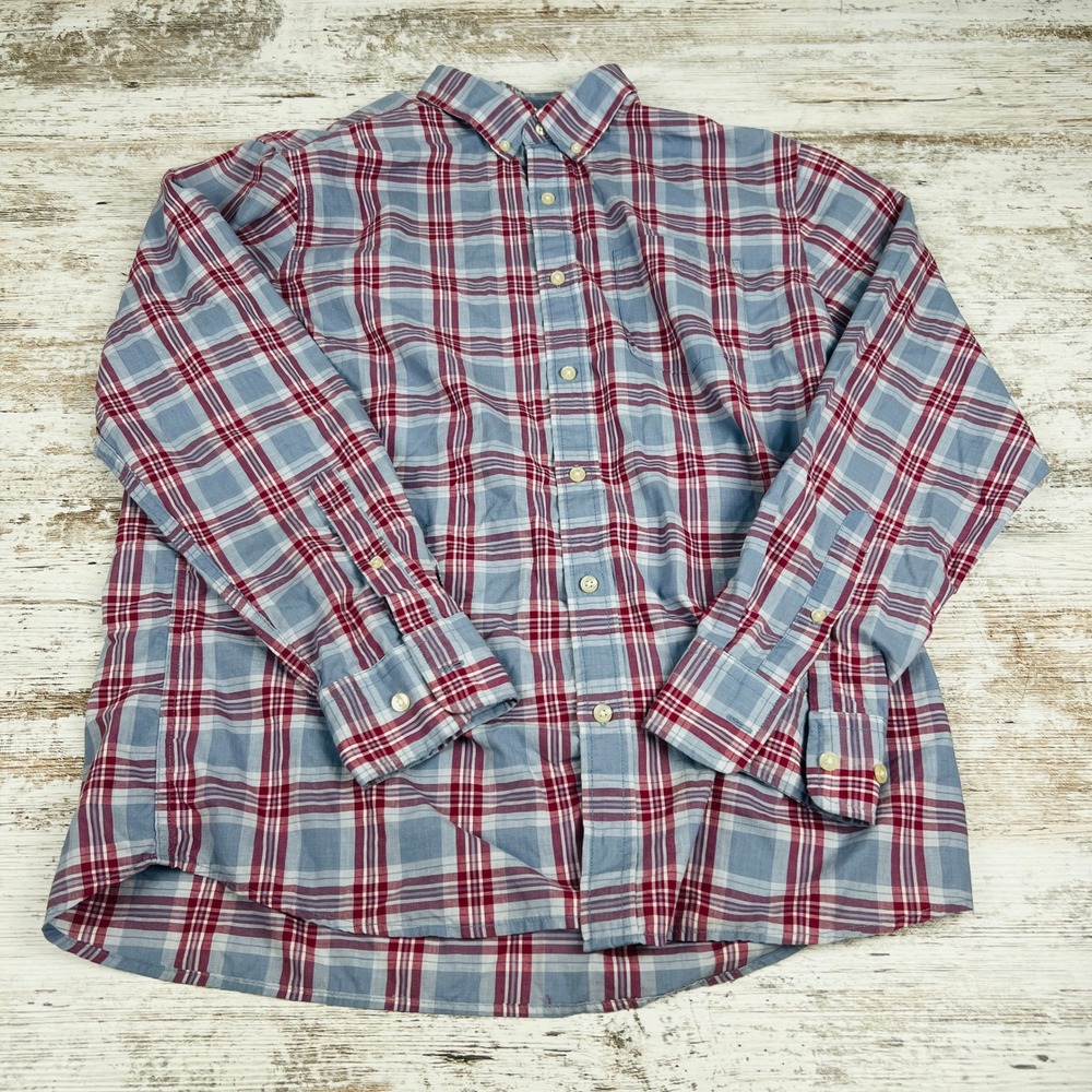 Sonoma Mens L Blue Red Plaid Modern Fit Cotton Blend Button Down Shirt